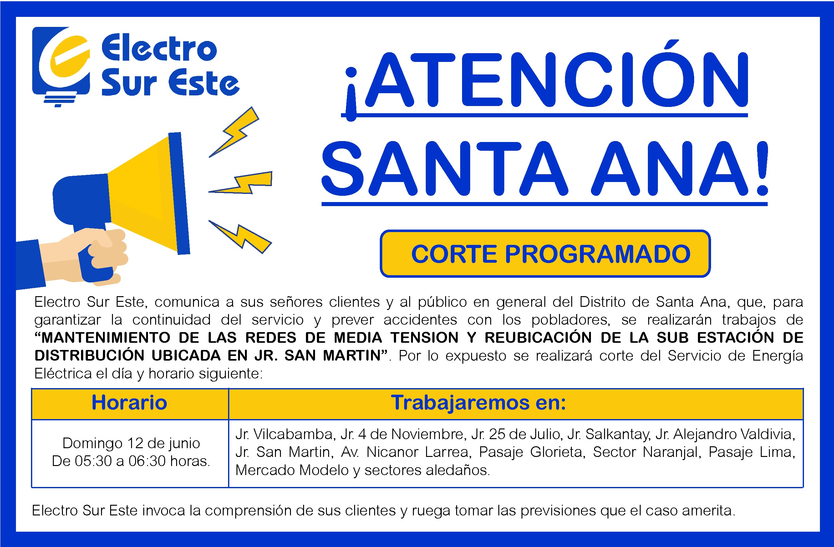 COMUNICADO - CORTE PROGRAMADO DÍA DOMINGO 12 DE JUNIO - SANTA ANA | Electro  Sur Este